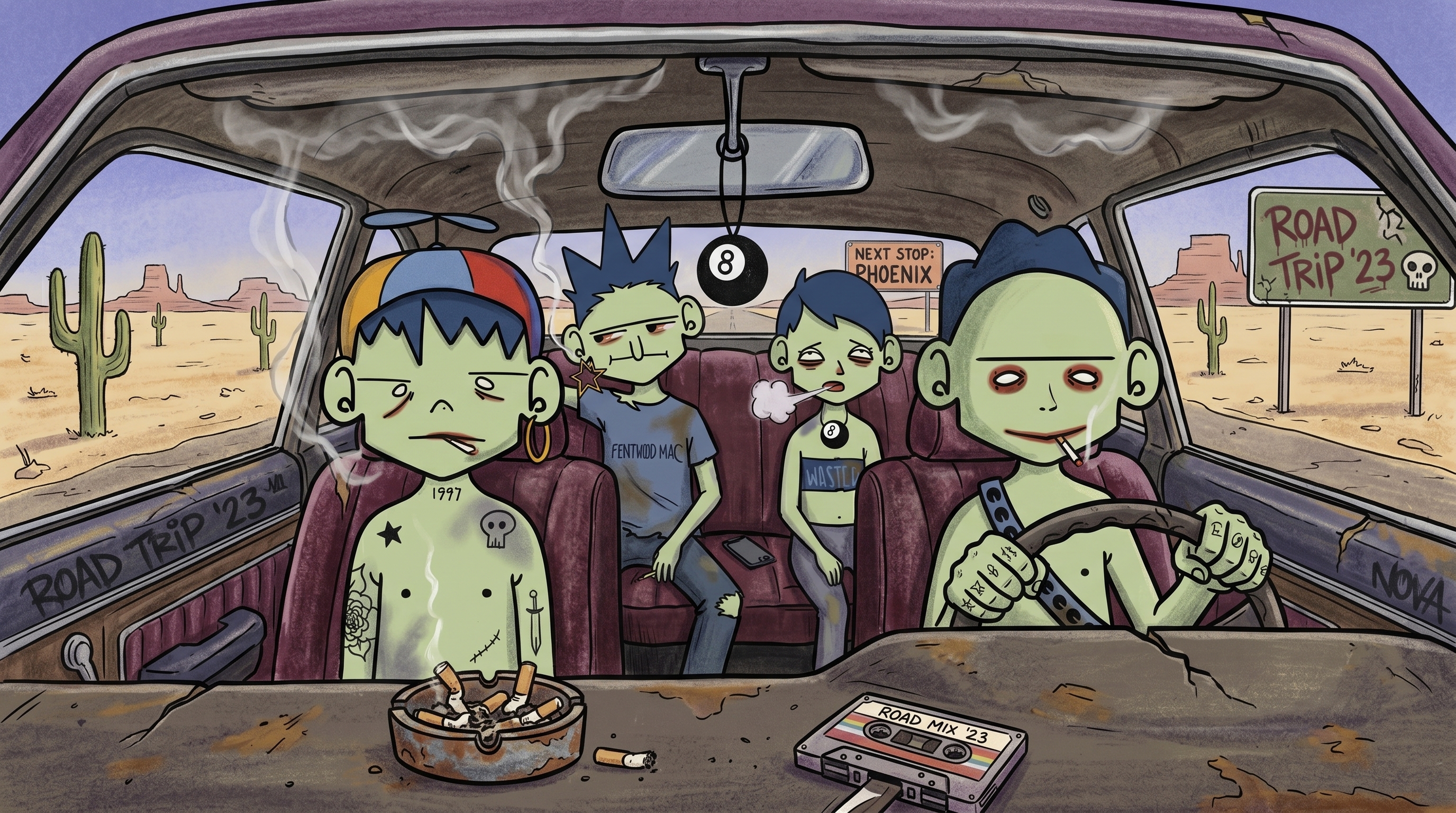 Burnouts characters inside a car near a roadside sign
